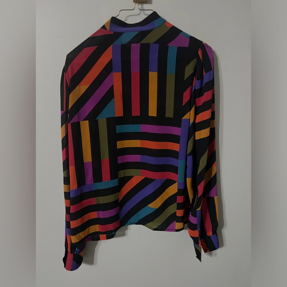 Vintage 80s Mary West French Multicolor Striped Women's Button Down Silky Blouse - Picture 2 of 7